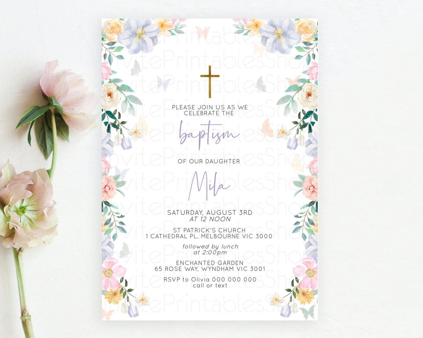 Editable Secret Garden Baptism Invitation Wildflower Baptism Birthday Invite