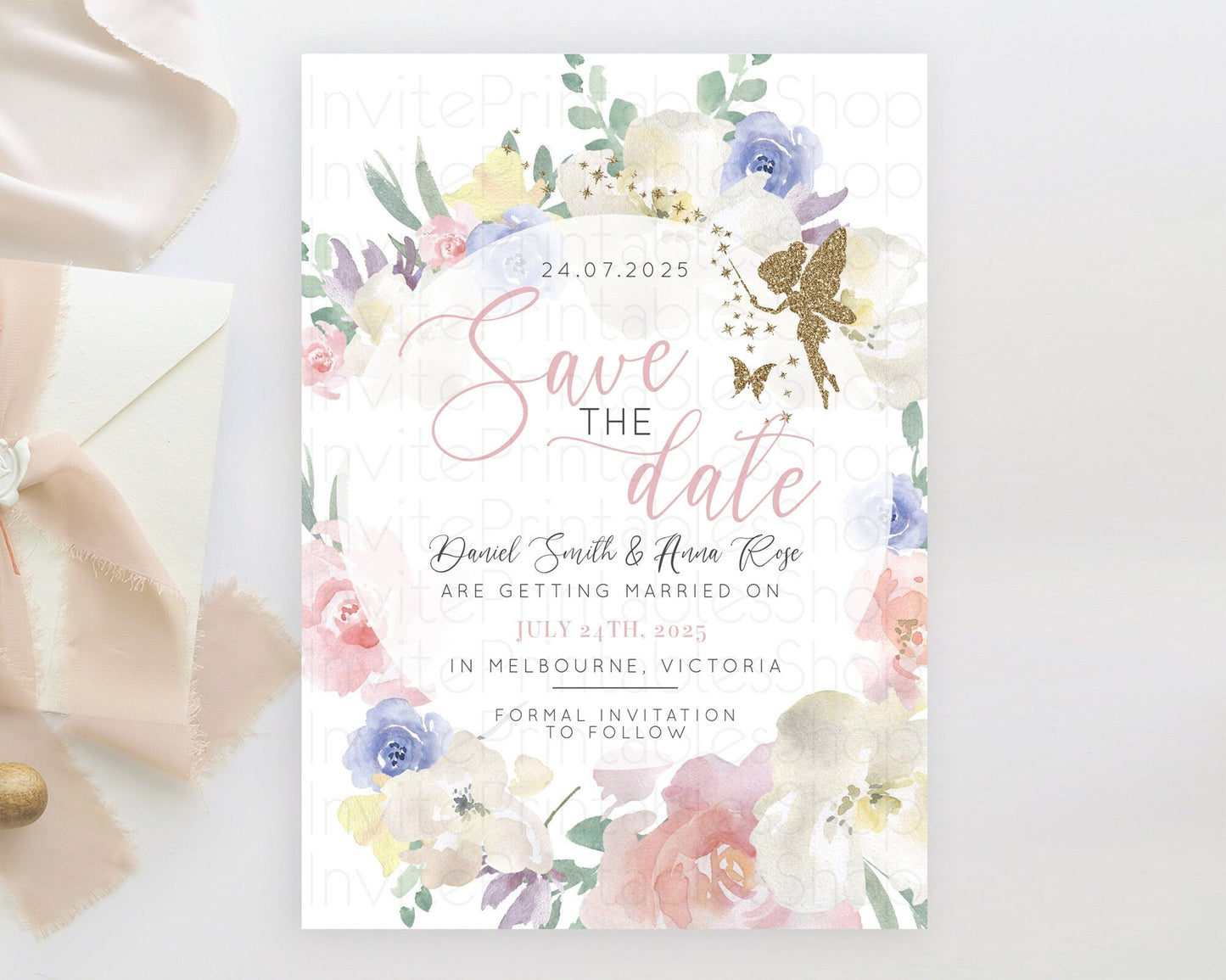 Fairy Save The Date Template Enchanted Garden Pastel Floral Butterfly Party Secret Garden Birthday Baptism Baby Shower Bridal Shower D10852