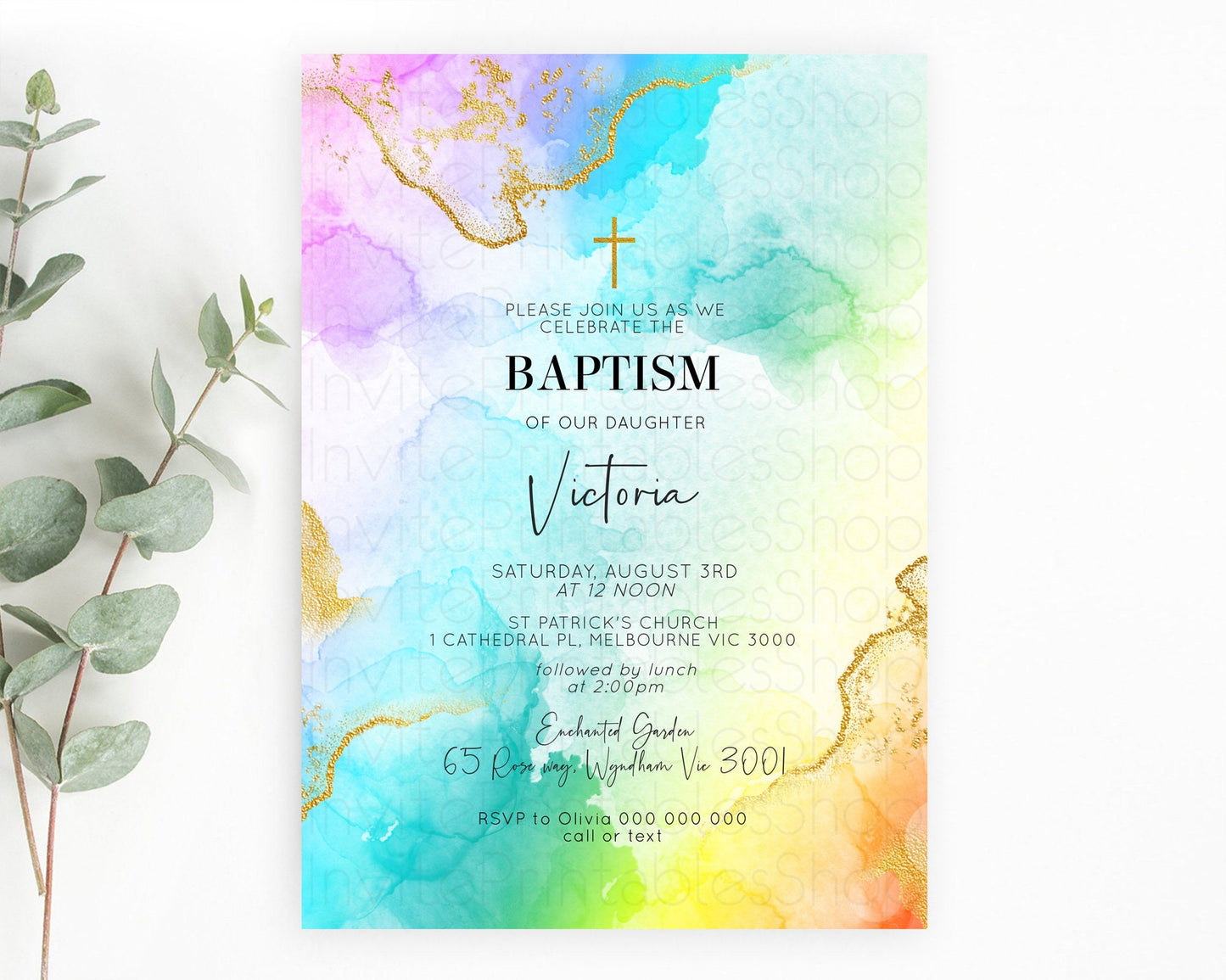 Pastel Baptism Invitation Pastel Colors Watercolor Baptism 1st Birthday Party Gold Ombre Pastel Rainbow Christening Holy Communion D10393