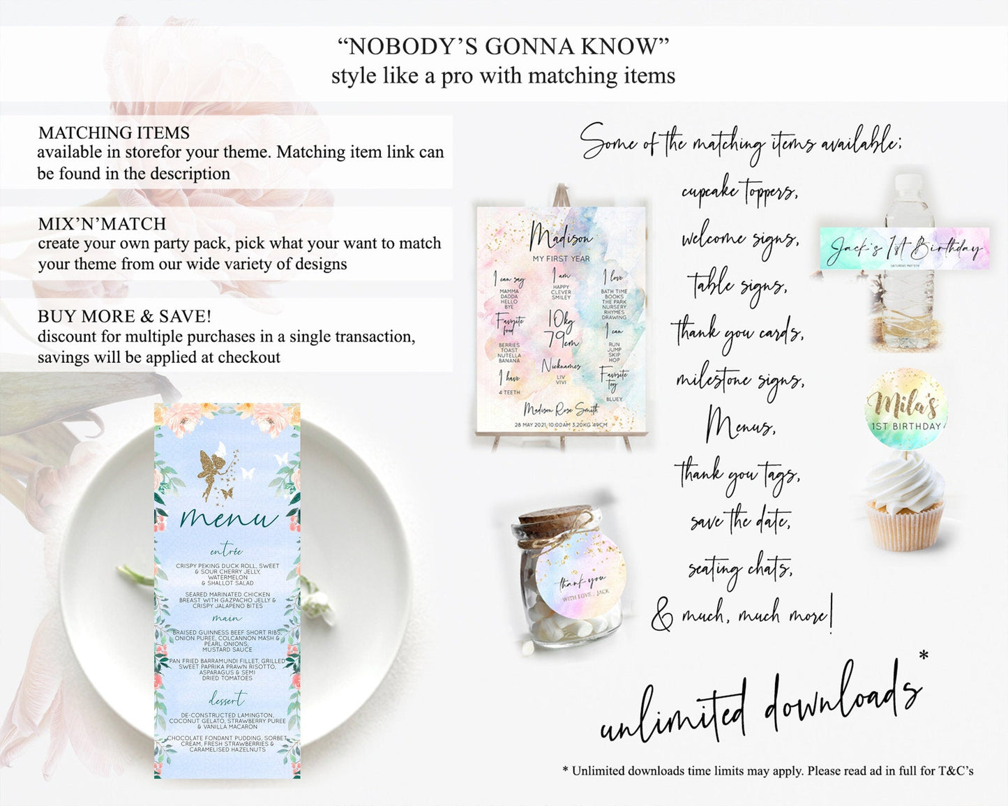 Fairy Menu Fairy Menu Template Enchanted Garden Pastel Floral Butterfly Table Decor Fairy Secret Garden Dinner Dessert Food Menu D10794