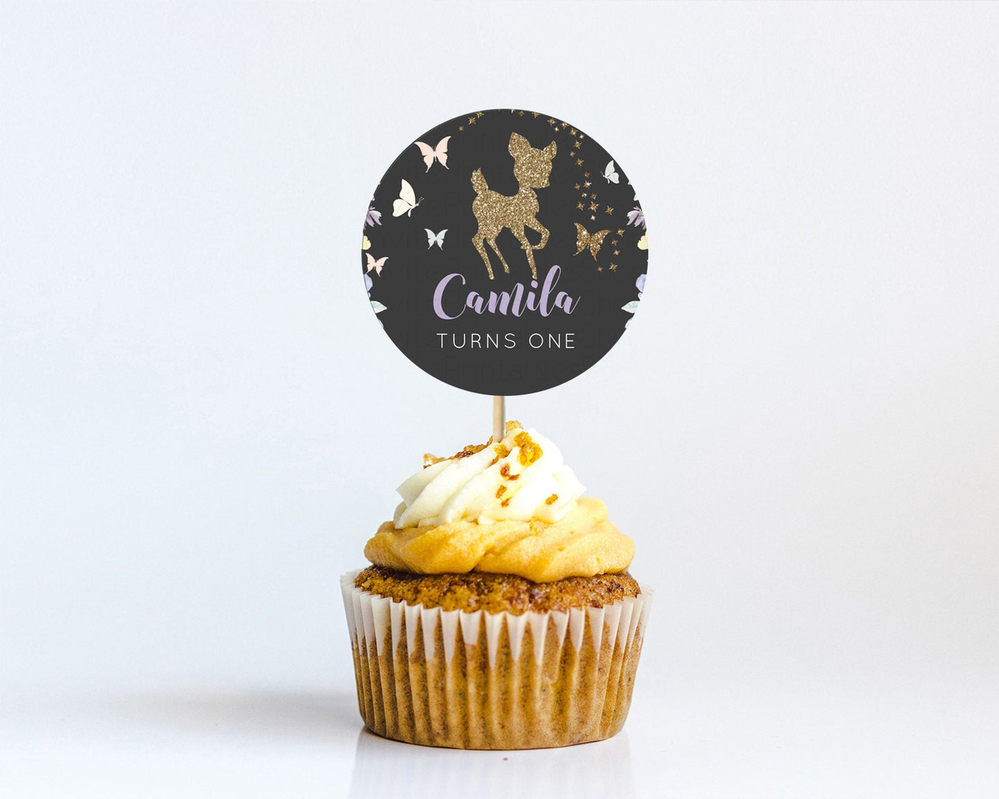 Fawn Cupcake Toppers Deer Cupcake Toppers Enchanted Forest Party Butterfly Pastel Flowers Woofland Cupcake Toppers First Birthday D10880