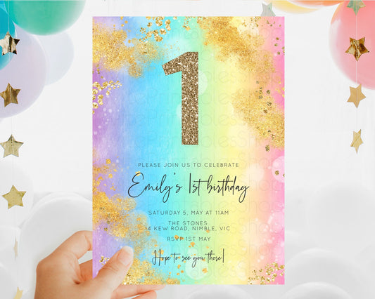 Rainbow Birthday Invitation Colorful Pastel Watercolor Invitation Gold Glitter Sprinkles Ombre Pastel 1st 2nd 3rd Birthday D10559