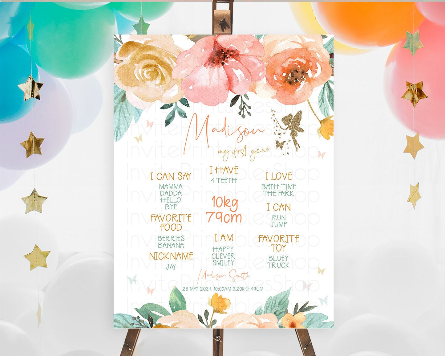 Fairy First Birthday Milestone Poster Fairy Secret Garden Milestone Board Enchanted Garden Pastel Floral Butterfly 1st Birthday Sign D10346