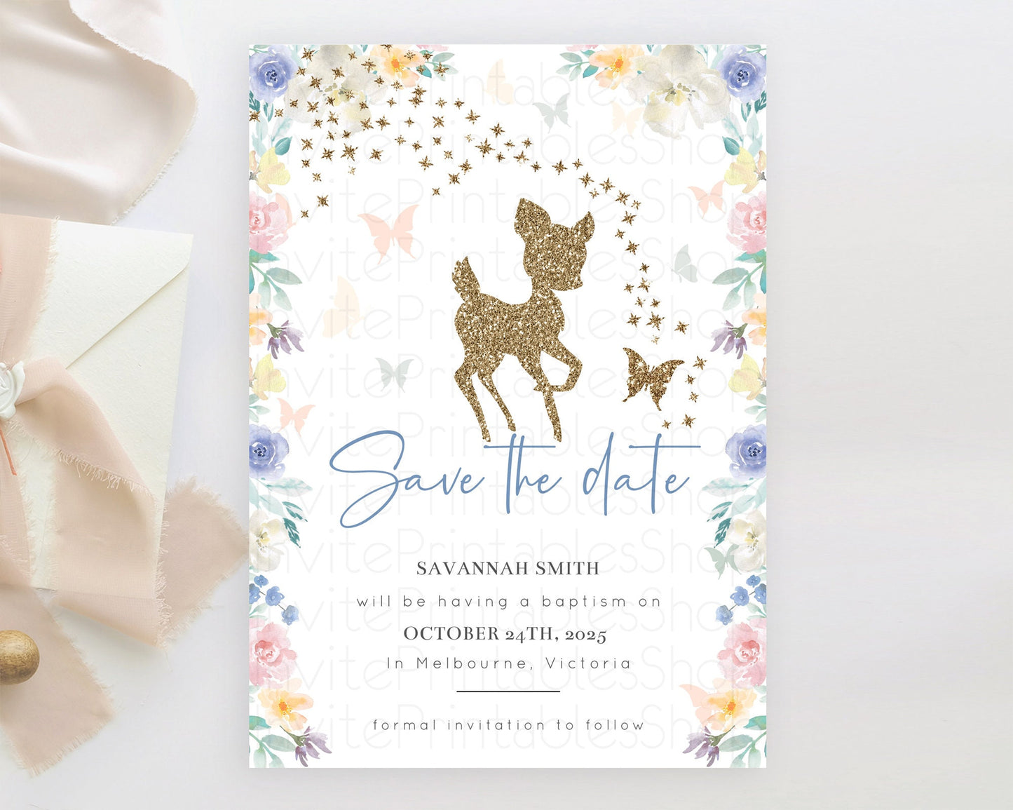 Editable Fawn Deer Save The Date Template Pastel Floral Deer Enchanted Fores
