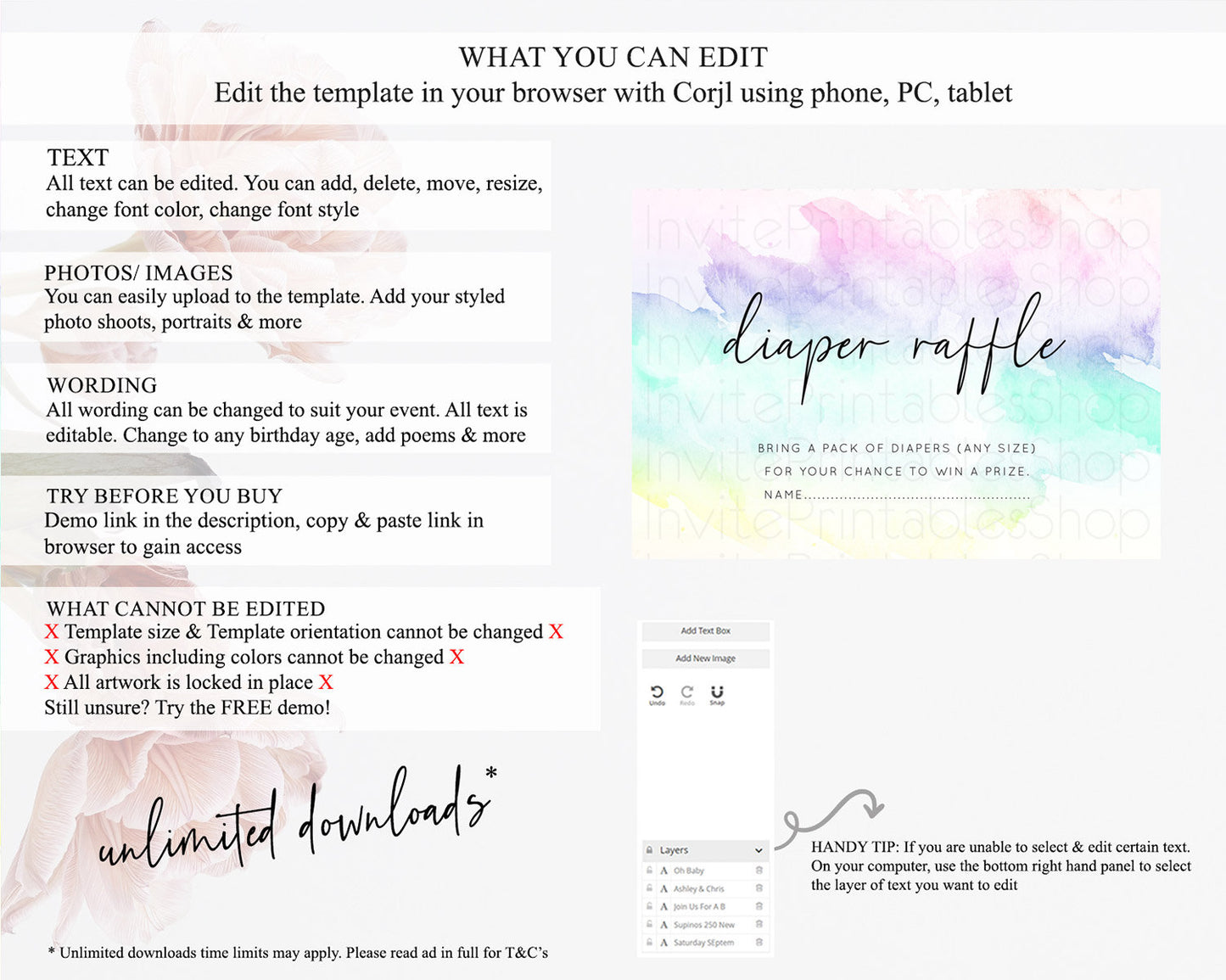 Pastel Diaper Raffle Card Pastel Rainbow Diaper Raffle Insert Colorful Ombre Watercolor Diaper Ticket Confetti Glitter Raffle Game D10231