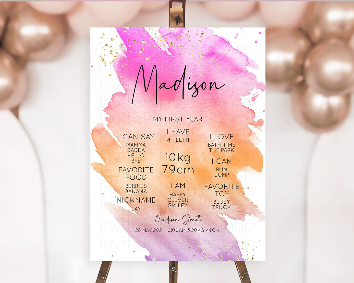 Pastel First Birthday Milestone Board Pastel Rainbow Milestone Poster Colorful Confetti Watercolor Glitter 1st Birthday Welcome Sign D10488