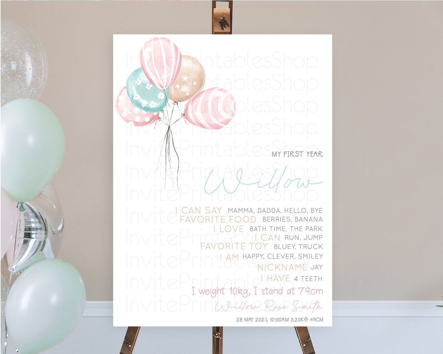 Pastel Balloons First Birthday Milestone Board Colorful Balloon Milestone Poster Rainbow Balloon Confetti 1st Birthday Welcome Sign D10687