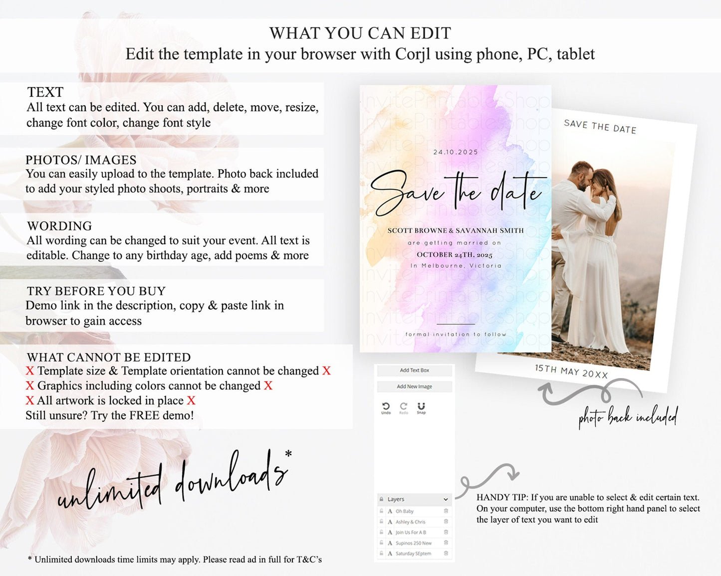 Pastel Save The Date Template Pastel Ombre Rainbow Watercolor Colorful Party For Birthday Baptism Baby Shower Wedding Bridal Shower D10177