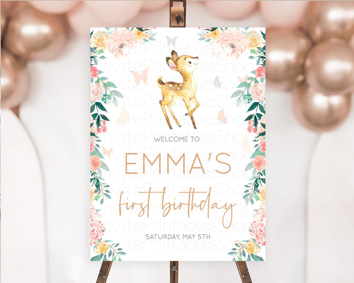 Fawn Welcome Sign Deer Welcome Board Floral Deer Welcome Poster Enchanted Forest Butterfly Pastel Floral First Birthday Welcome Sign D10753