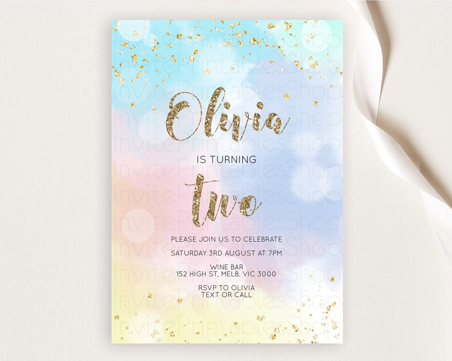 Rainbow Birthday Invitation Colorful Pastel Watercolor Invitation Gold Glitter Sprinkles Ombre Pastel 1st 2nd 3rd Birthday D10367