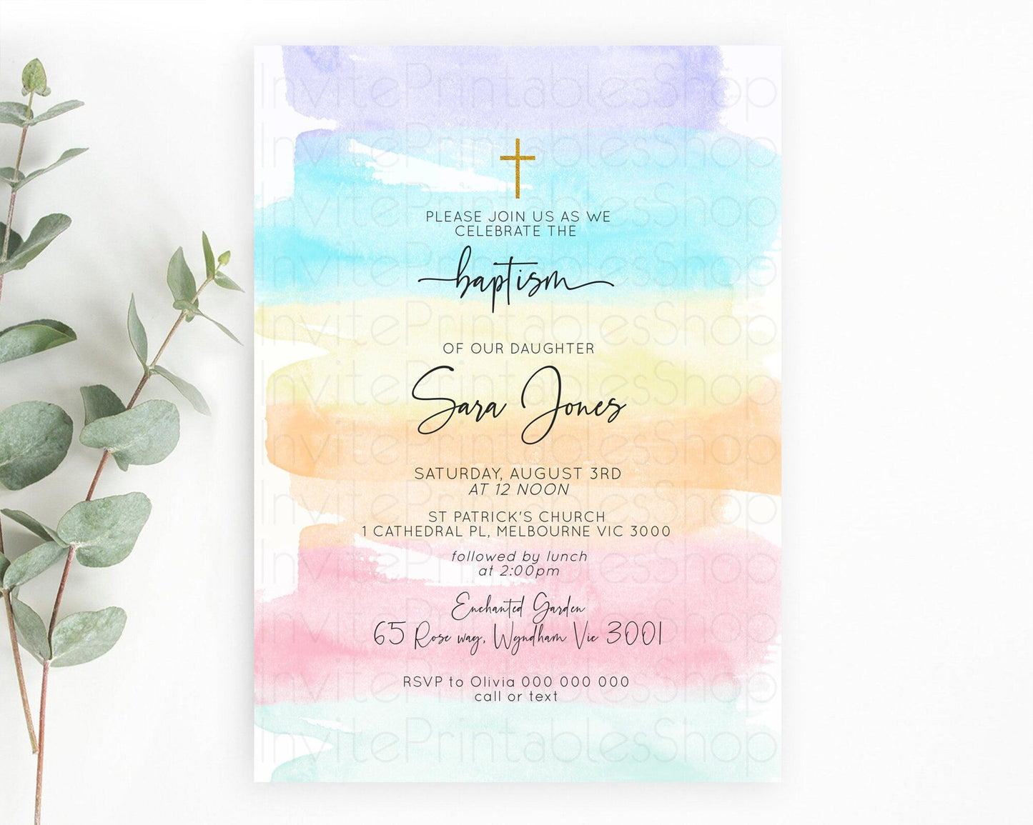 Pastel Baptism Invitation Pastel Colors Watercolor Baptism 1st Birthday Party Gold Ombre Pastel Rainbow Christening Holy Communion D10505