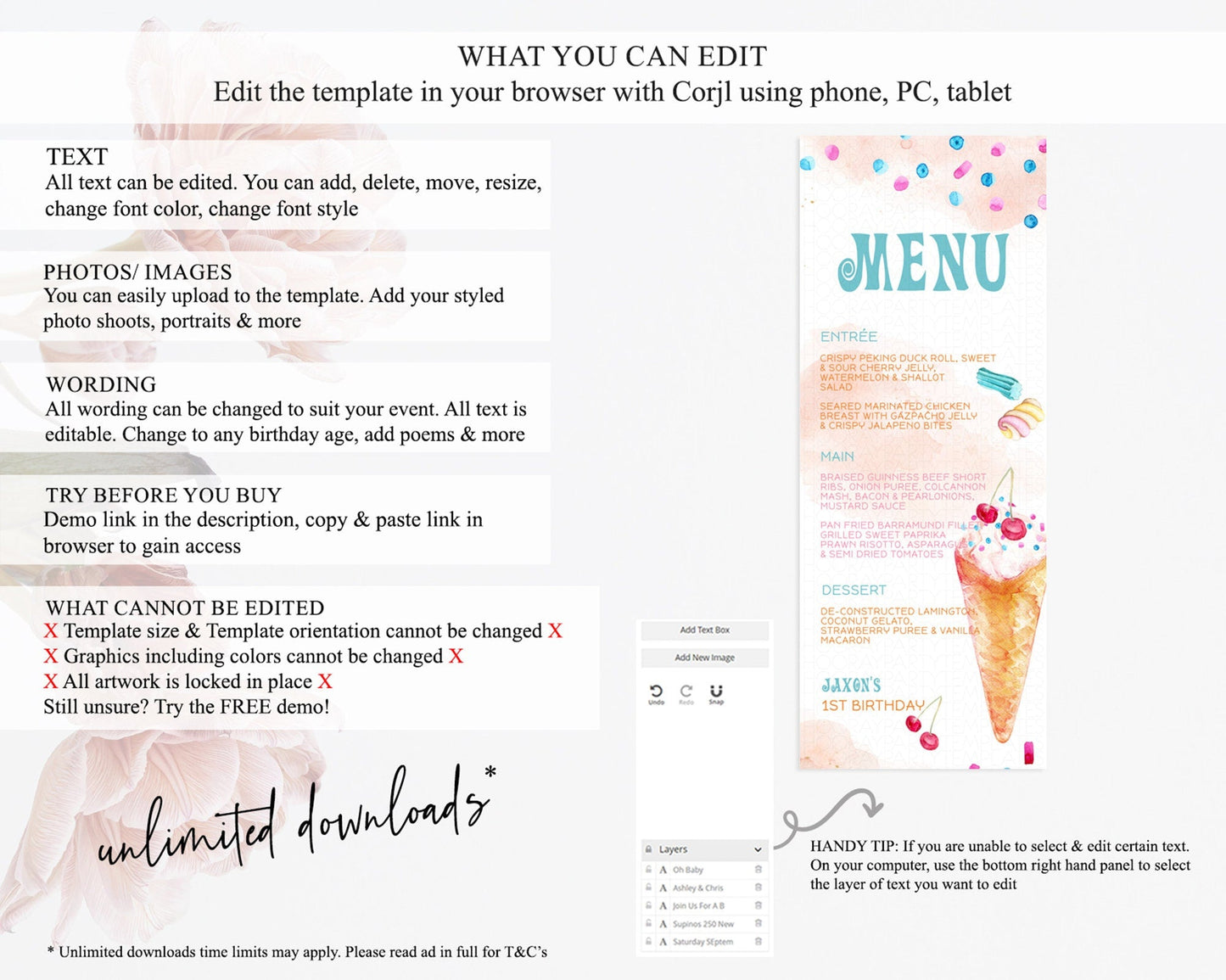 Ice Cream Menu Sweet One Menu Template Heres The Scoop Decor Pastel Candy Table Decor Candy Scoop Dinner Dessert Party Food Menu D10554