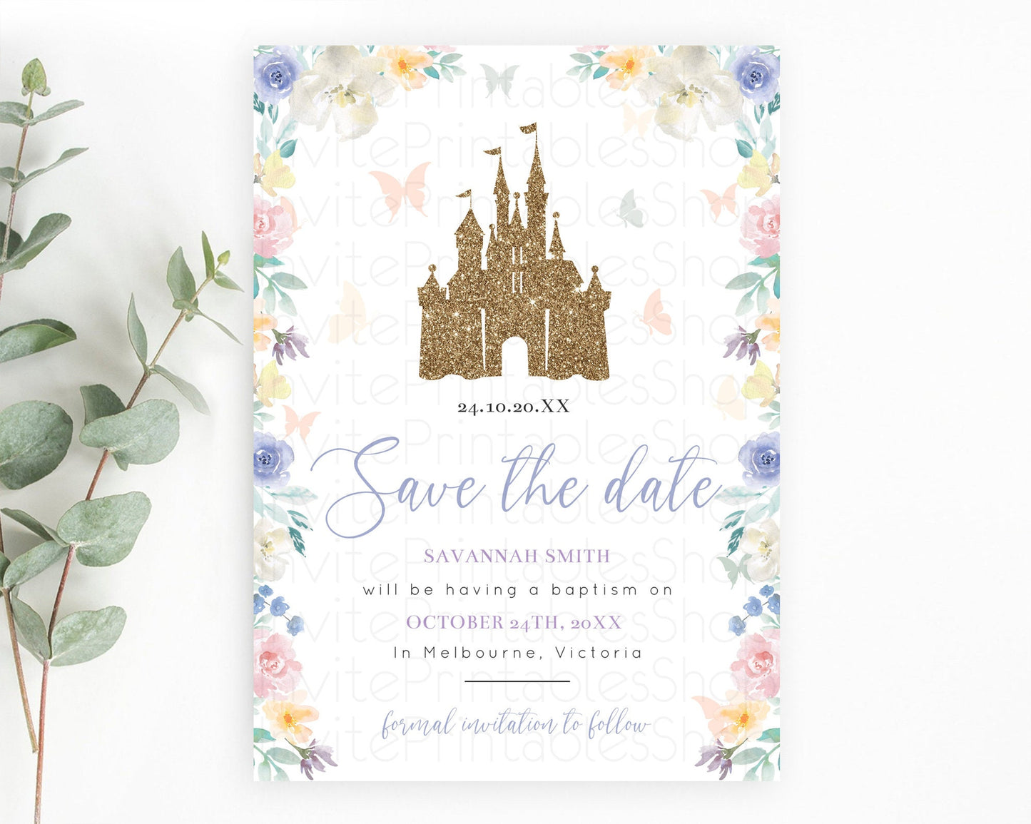 Princess Save The Date Template Secret Garden Enchanted Castle Pastel Floral Royal Party For 1st Birthday Baptism Baby Shower D10931