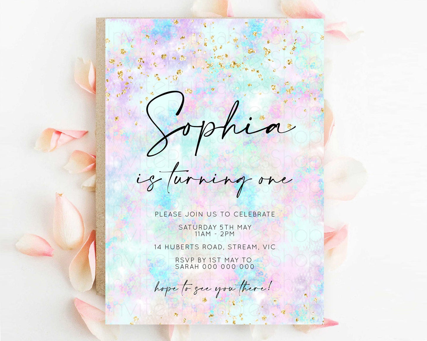 Rainbow Birthday Invitation Colorful Pastel Watercolor Invitation Gold Glitter Sprinkles Ombre Pastel 1st 2nd 3rd Birthday D10652