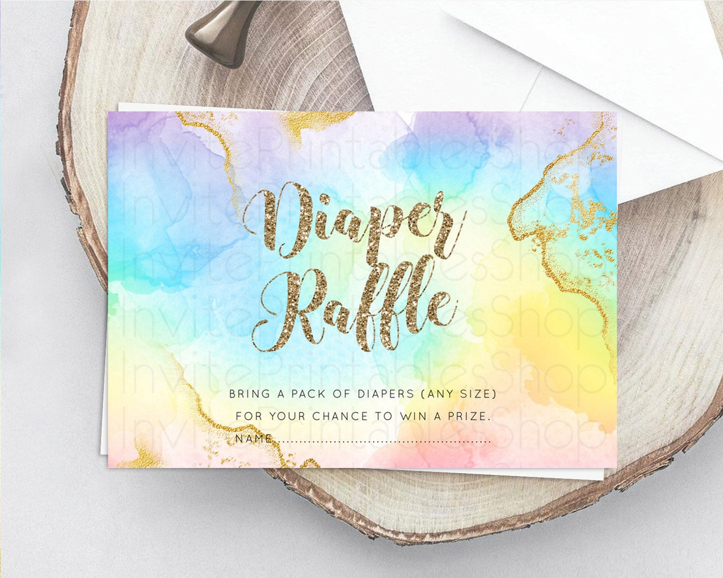 Pastel Diaper Raffle Card Pastel Rainbow Diaper Raffle Insert Colorful Ombre Watercolor Diaper Ticket Confetti Glitter Raffle Game D10589