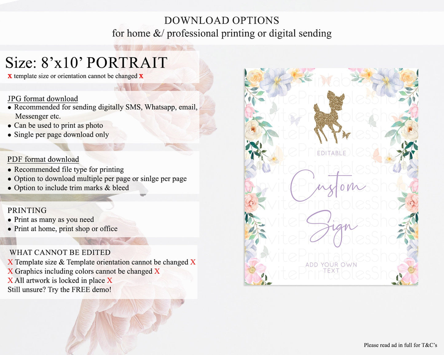 Fawn Deer Sign Pastel Floral Deer Table Sign Decor Enchanted Forest Butterfly Party 1st Birthday Baptism Baby Shower Bridal Shower D10477