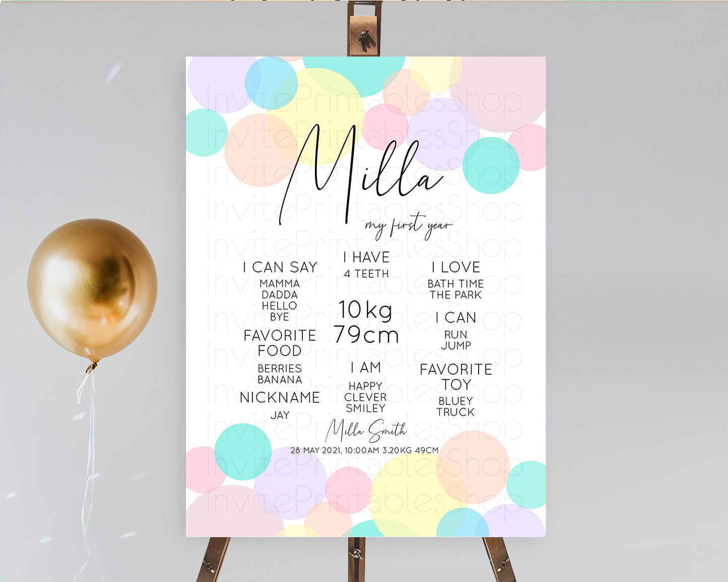 Pastel First Birthday Milestone Poster Pastel Rainbow Confetti First Birthday Milestone Board Colorful Bubbles Birthday Welcome Sign D10784