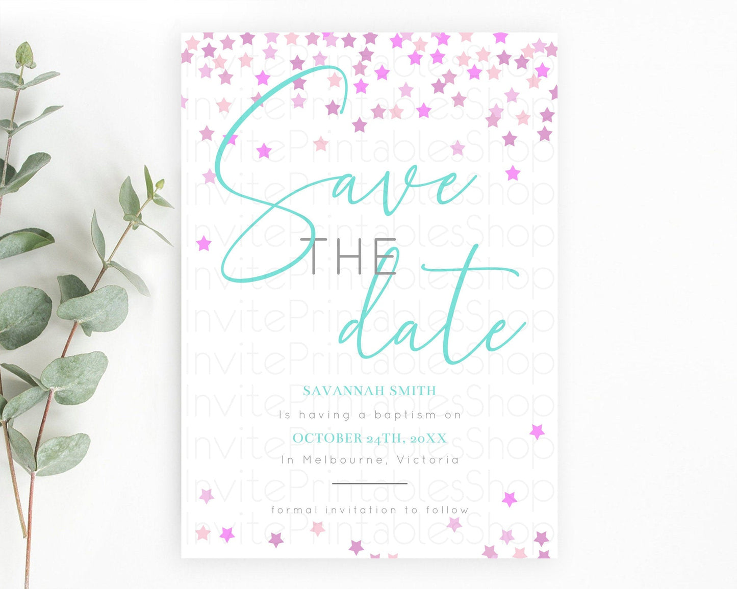 Twinkle Stars Save The Date Template Pastel Twinkle Little Star Party Shooting Star Confetti Sprinkles Birthday Baptism Baby Shower D10403