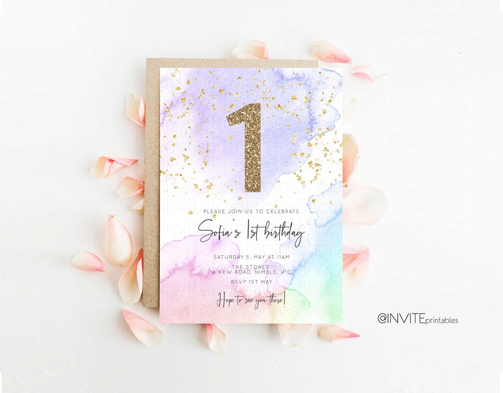 Rainbow Birthday Invitation Pastel Birthday Invitation Ombre Rainbow Invite Colorful Watercolor Invite Glitter Sprinkle Invitation