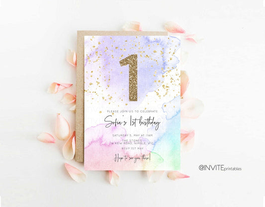 Rainbow Birthday Invitation Pastel Birthday Invitation Ombre Rainbow Invite Colorful Watercolor Invite Glitter Sprinkle Invitation