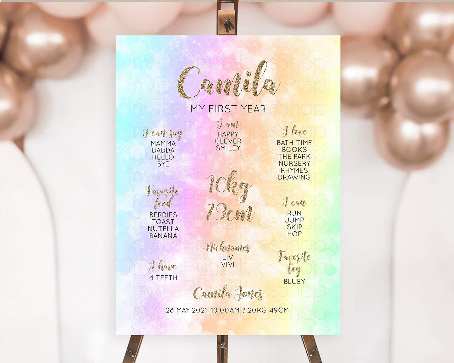 Pastel First Birthday Milestone Board Pastel Rainbow Milestone Poster Colorful Confetti Watercolor Glitter 1st Birthday Welcome Sign D10648