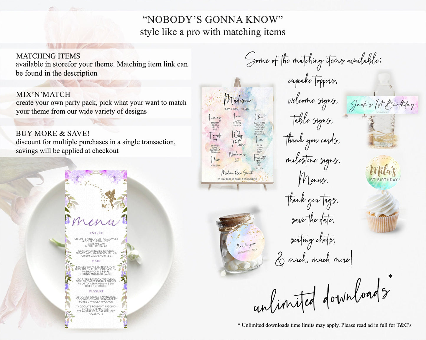 Fairy Menu Fairy Menu Template Enchanted Garden Pastel Floral Butterfly Table Décor Fairy Secret Garden Dinner Dessert Food Menu D10910