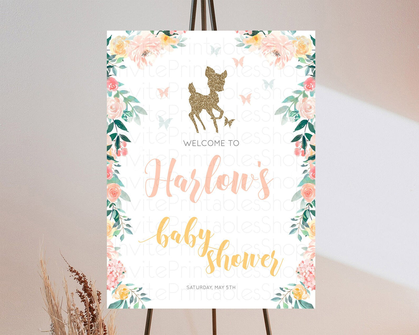 Fawn Baby Shower Welcome Sign Deer Welcome Board Floral Deer Welcome Poster Enchanted Forest Butterfly Pastel Floral Welcome Sign D10874