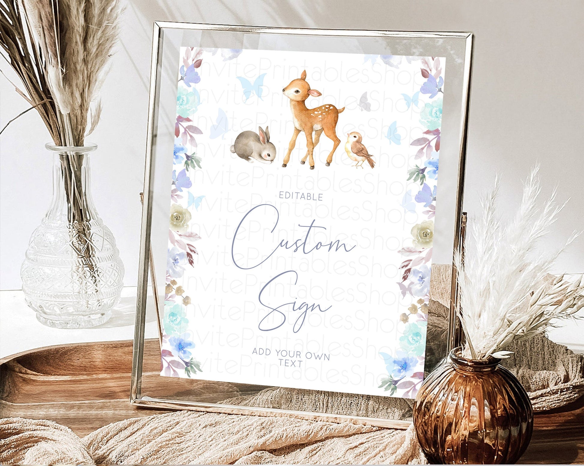 Editable Fawn Deer Sign Pastel Floral Deer Table Sign Decor Enchanted Forest
