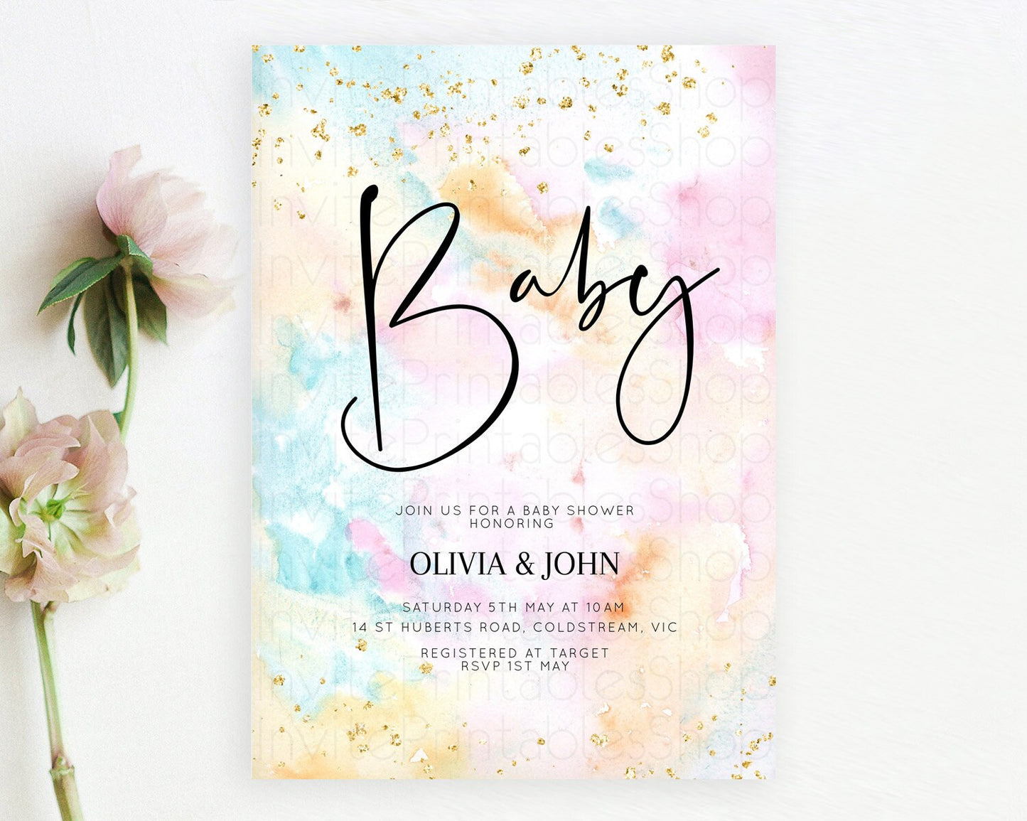 Pastel Baby Shower Invitation Rainbow Baby Shower Invitation Colorful Pastel Watercolor Invitation Gold Glitter Sprinkles Ombre D10548