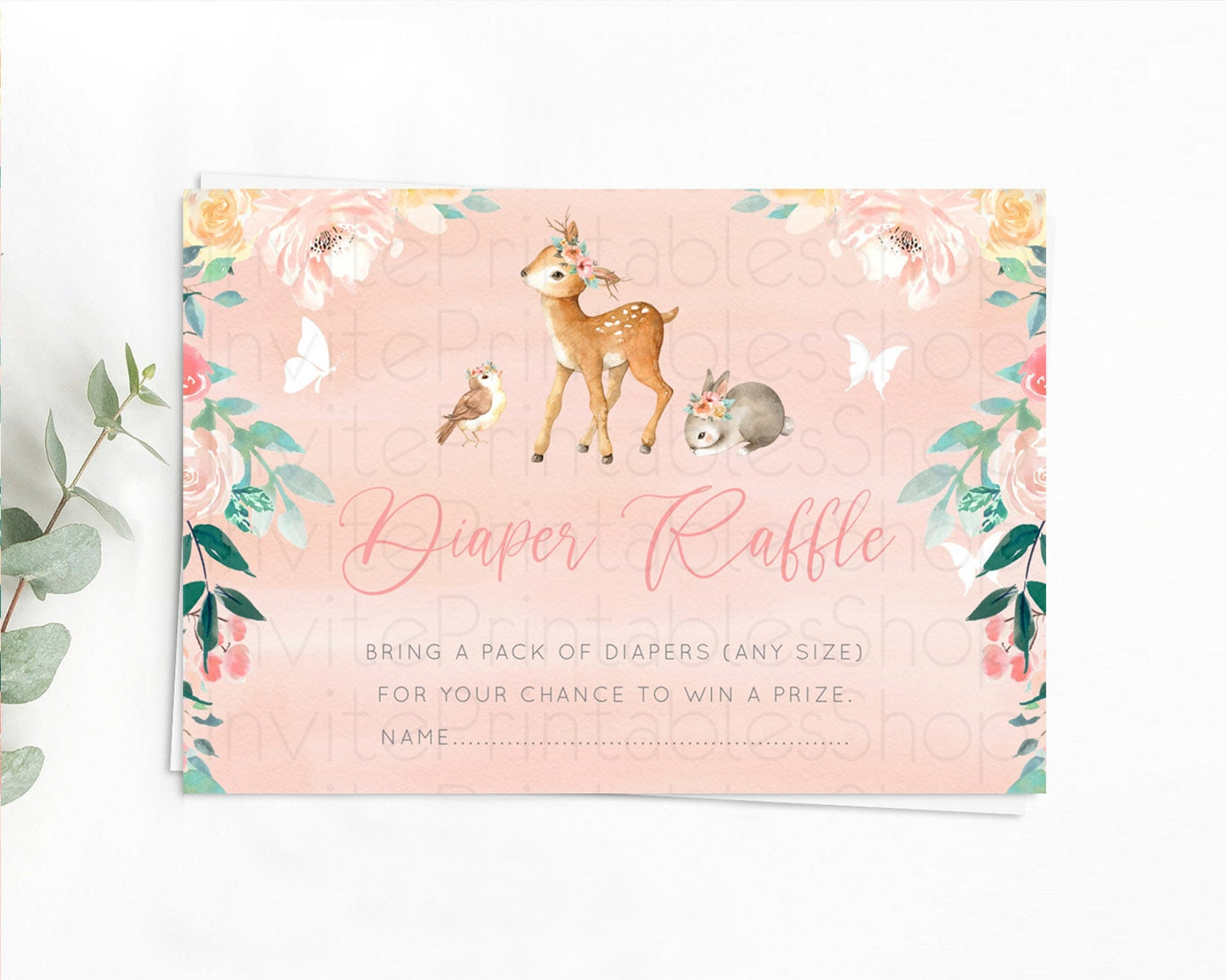 Fawn Diaper Raffle Card Deer Diaper Insert Floral Deer Diaper Ticket Enchanted Forest Butterfly Pastel Baby Shower Raffle Game D10921