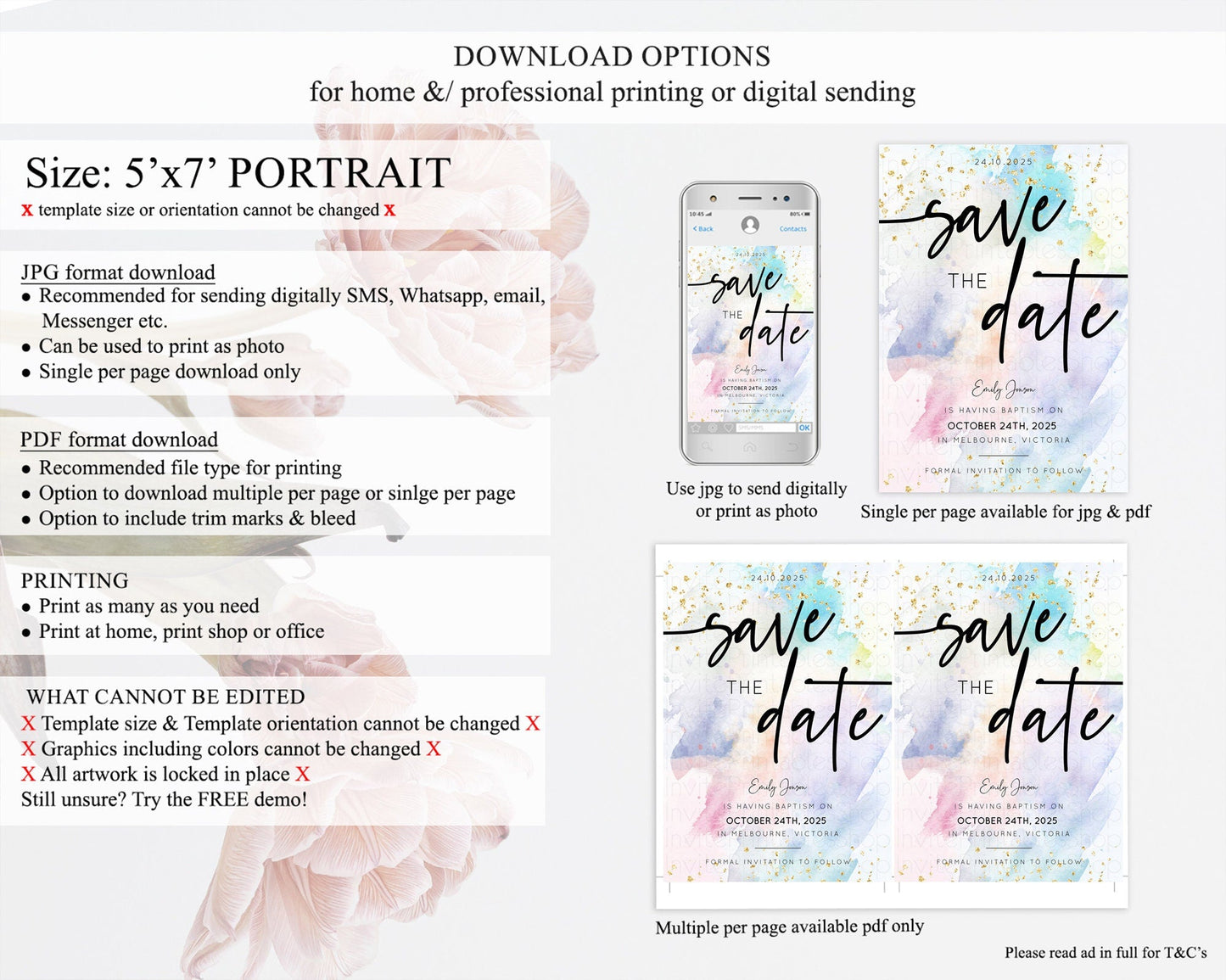 Pastel Save The Date Template Pastel Ombre Rainbow Watercolor Colorful Party For Birthday Baptism Baby Shower Wedding Bridal Shower D10424