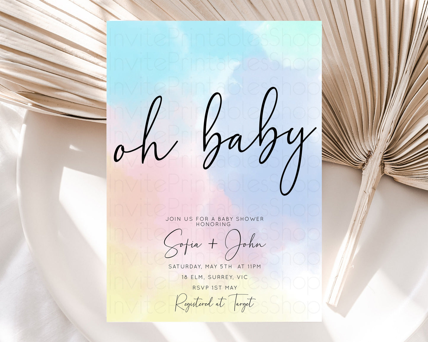 Pastel Rainbow Baby Shower Invitation Colorful Watercolor Invite Ink Splash Blue Yellow Pink Purple Gender Neutral 446