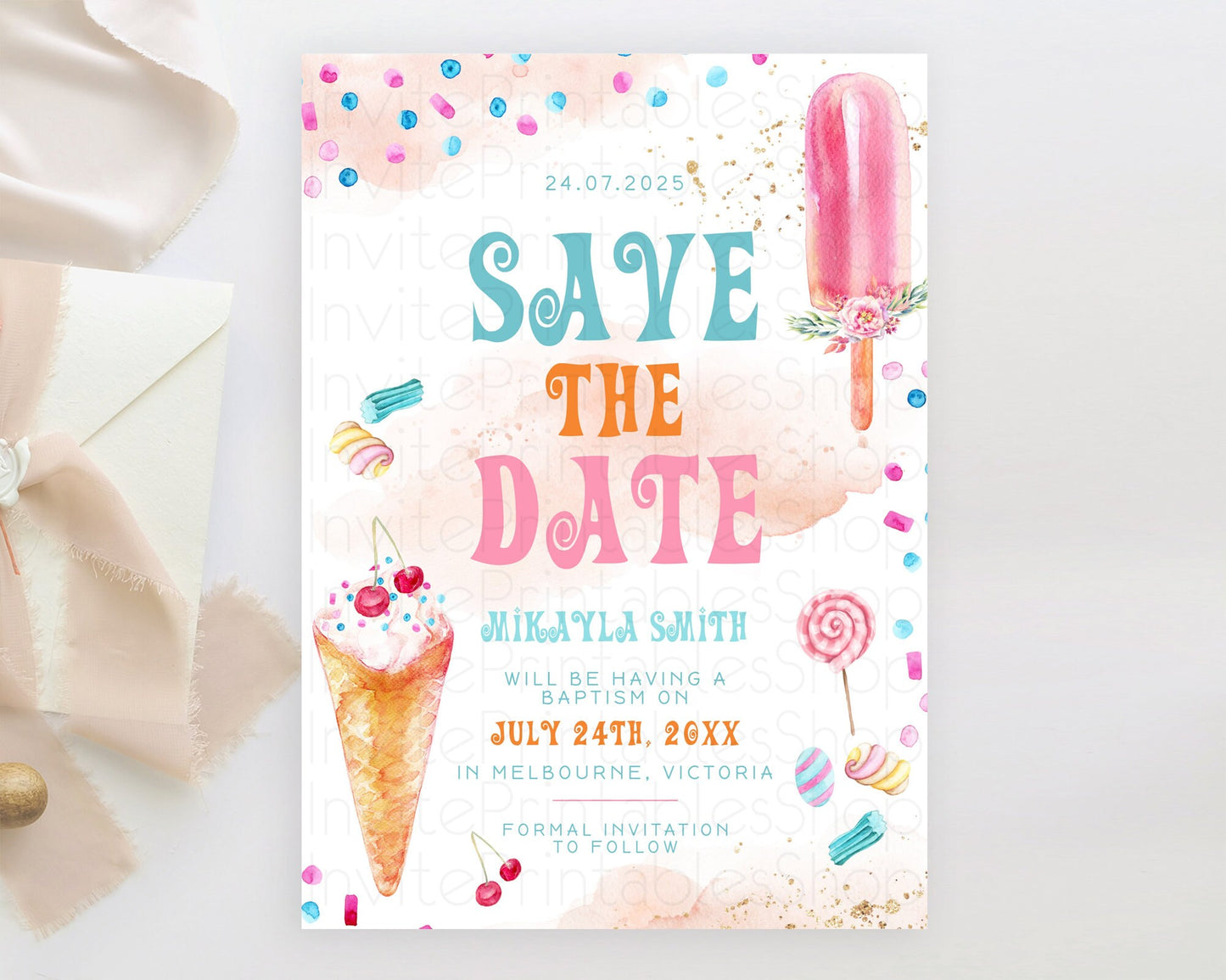 Ice Cream Save The Date Sweet One Save The Date Template Heres The Scoop Party Pastel Candy Theme 1st Birthday Baptism Baby Shower D10554