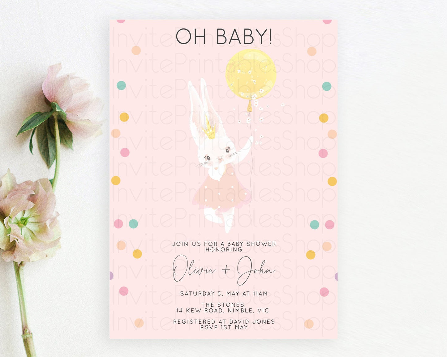 Bunny Baby Shower Invitation, Oh Baby, Cute Bunny Holding Yellow Balloon - Light Pink, Pastel Colorful Confetti - Sweet Pastel Theme D10219