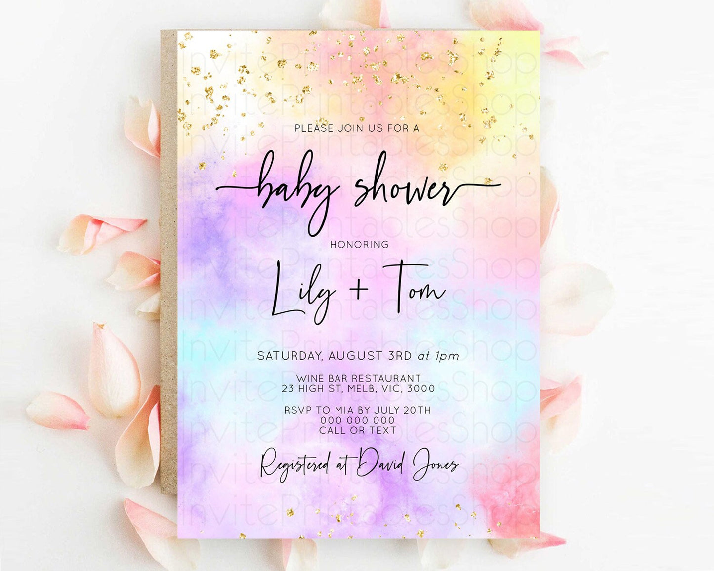 Pastel Baby Shower Invitation Rainbow Baby Shower Invitation Colorful Pastel Watercolor Invitation Gold Glitter Sprinkles Ombre D10437