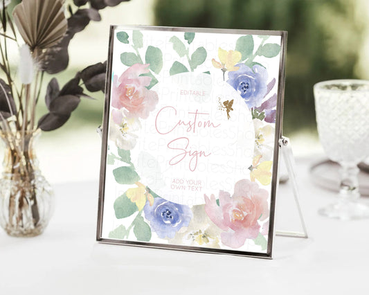 Editable Fairy Sign Enchanted Garden Table Sign Decor Pastel Floral Butterfl