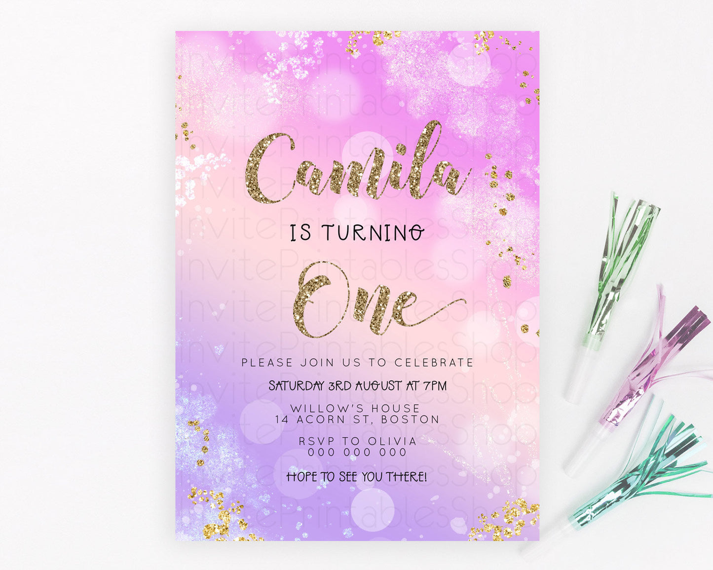 Rainbow Birthday Invitation Colorful Pastel Watercolor Invitation Gold Glitter Sprinkles Ombre Pastel 1st 2nd 3rd Birthday D23128