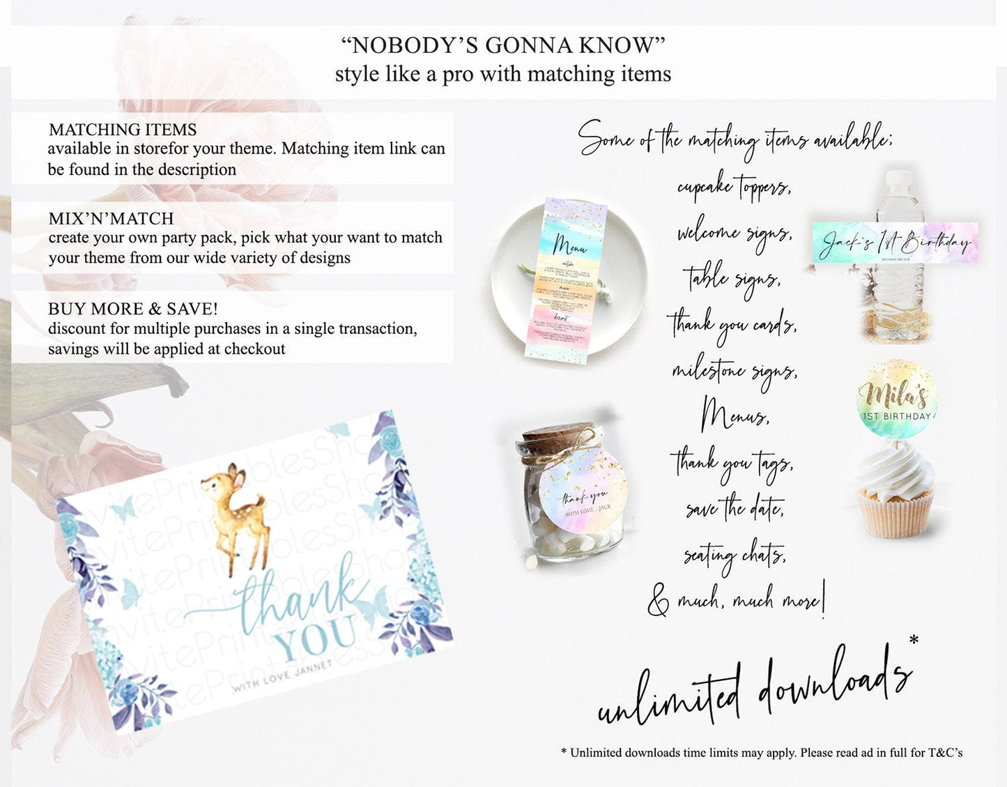 Fawn Thank You Deer Thank You Card Pastel Floral Deer Birthday Thank You Card Enchanted Forest Butterfly Deer Teacher Thank You Card D10917