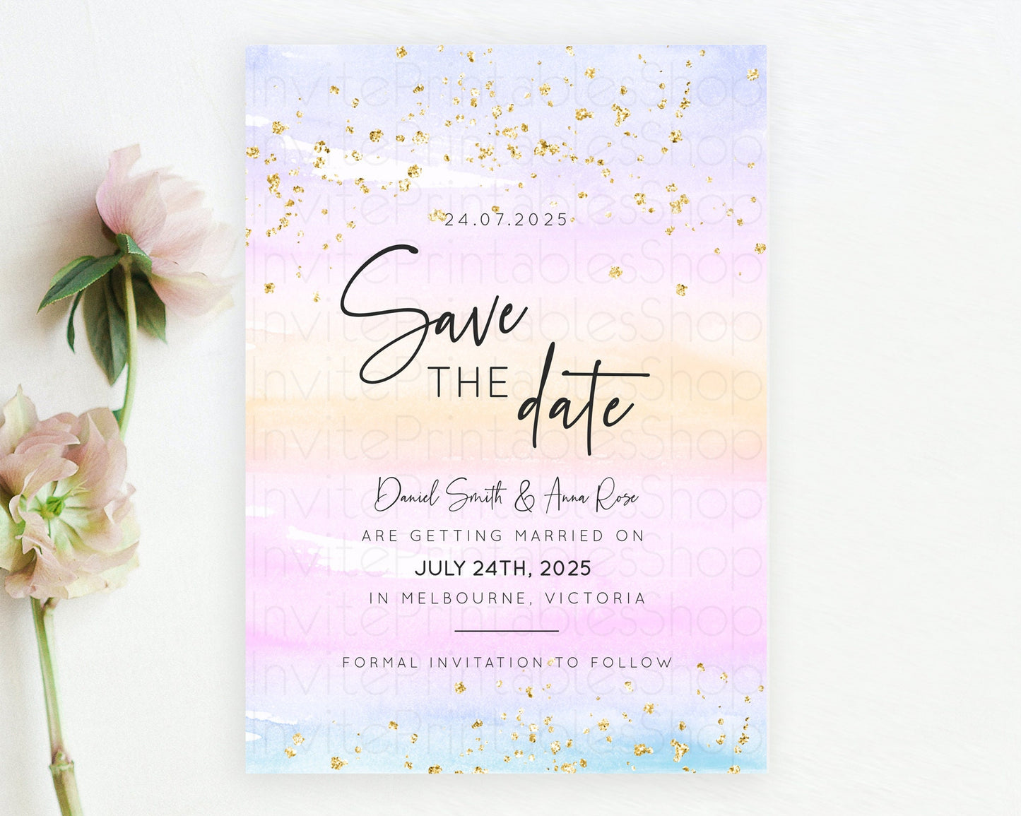 Pastel Save The Date Template Pastel Ombre Rainbow Watercolor Colorful Party For Birthday Baptism Baby Shower Wedding Bridal Shower D10594