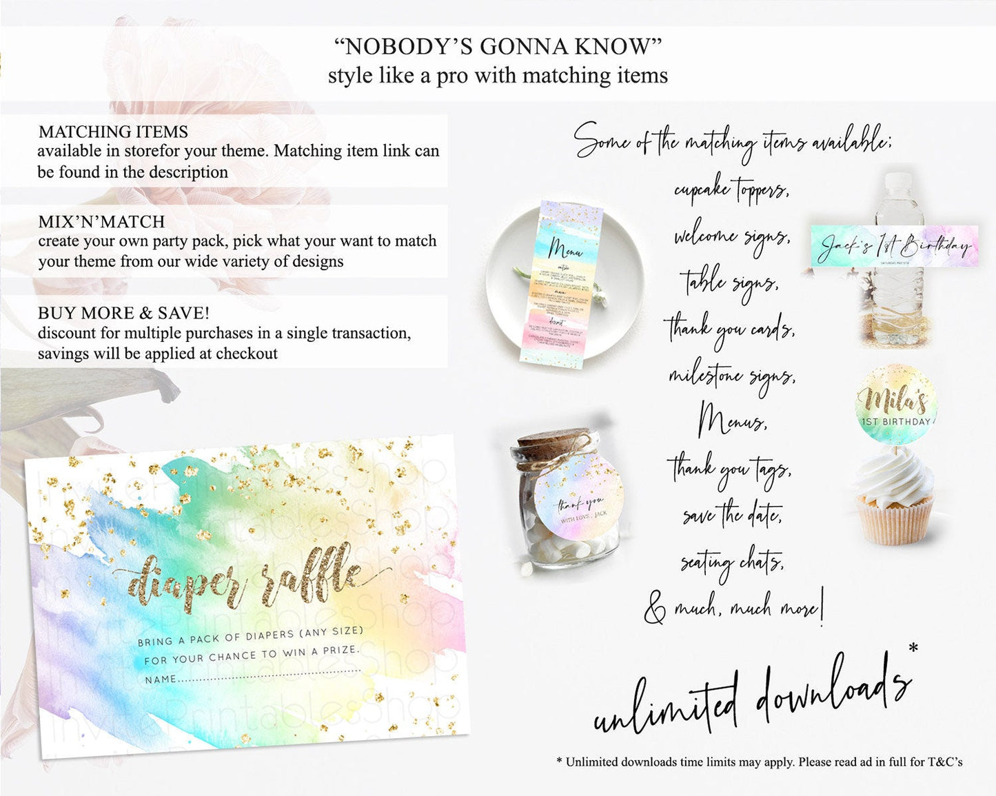 Pastel Diaper Raffle Card Pastel Rainbow Diaper Raffle Insert Colorful Ombre Watercolor Diaper Ticket Confetti Glitter Raffle Game D10259