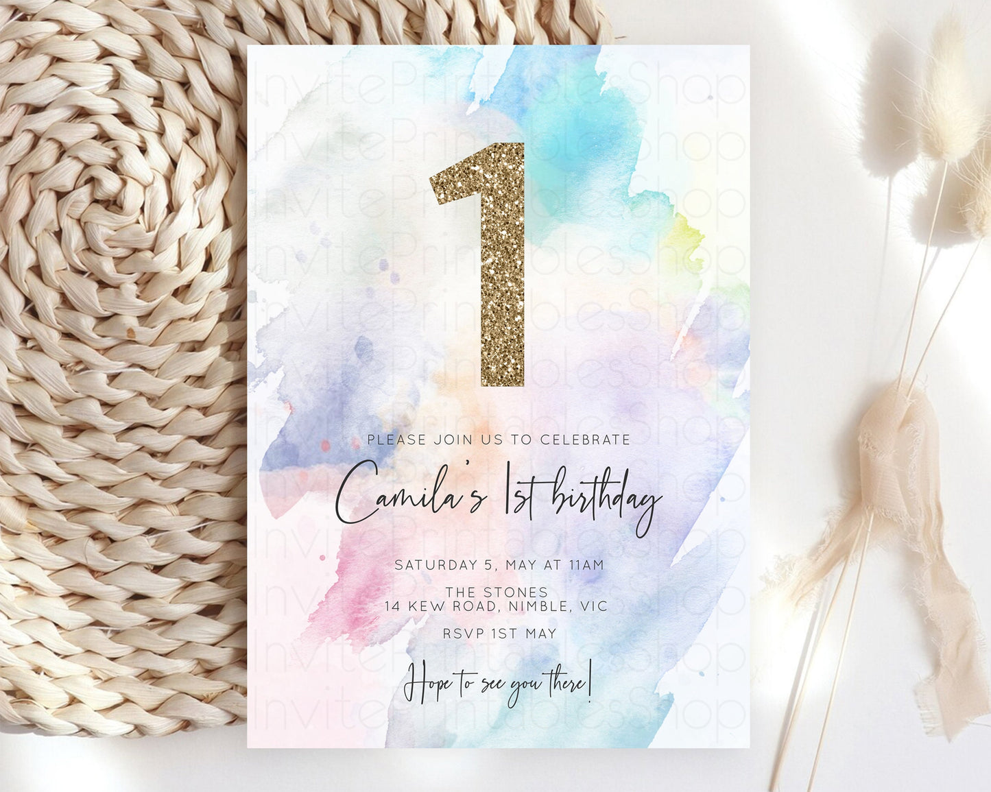 Rainbow Birthday Invitation Pastel Birthday Invite Ombre Watercolor Invite Enchanted Theme Colorful Splash Glitter Sprinkles 1st 2nd 3rd