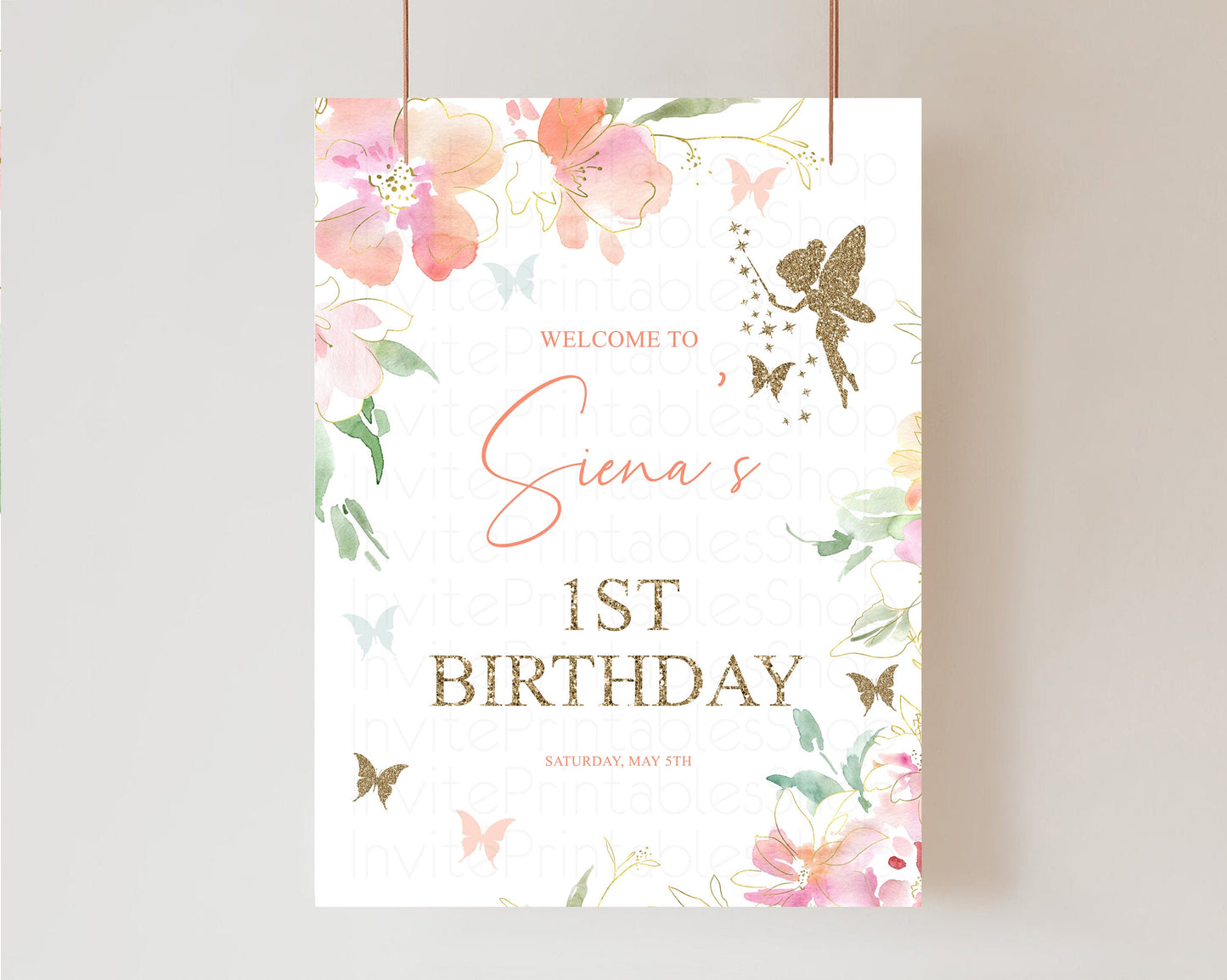 Fairy Floral Birthday Board Pastel Watercolor Welcome Sign Enchanted Garden Welcome Poster 1st Birthday Flower Sign Pink Floral Glitter 91