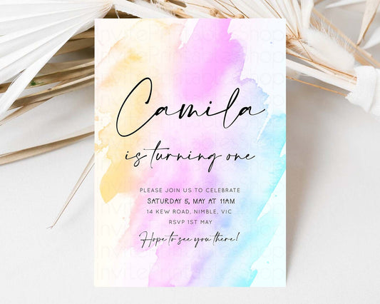 Watercolor Birthday Invitation Colorful Pastel Rainbow Splash Ombre Ink Paint Purple Blue Yellow Modern Simple Custom Printable