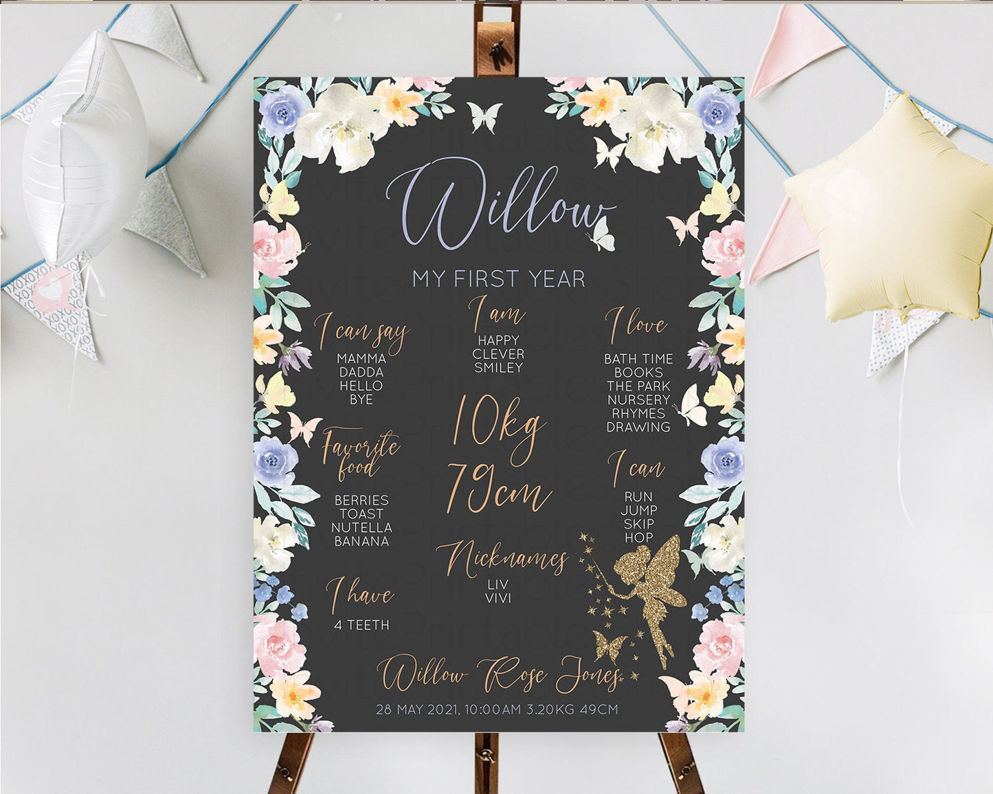 Fairy First Birthday Milestone Poster Fairy Secret Garden Milestone Board Enchanted Garden Pastel Floral Butterfly 1st Birthday Sign D11000