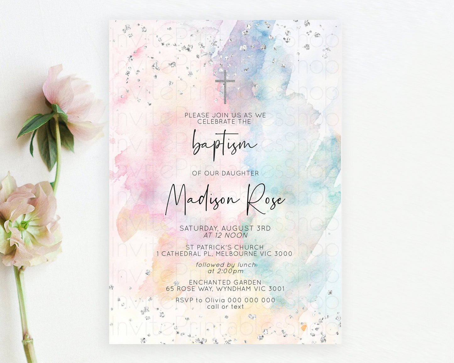 Rainbow Baptism Invitation Colorful Pastel Watercolor Baptism 1st Birthday Invitation Silver Glitter Ombre Christening Invitation D10945