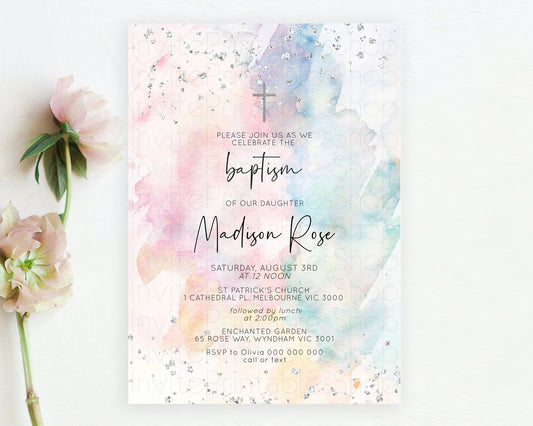 Rainbow Baptism Invitation Colorful Pastel Watercolor Baptism 1st Birthday Invitation Silver Glitter Ombre Christening Invitation D10945