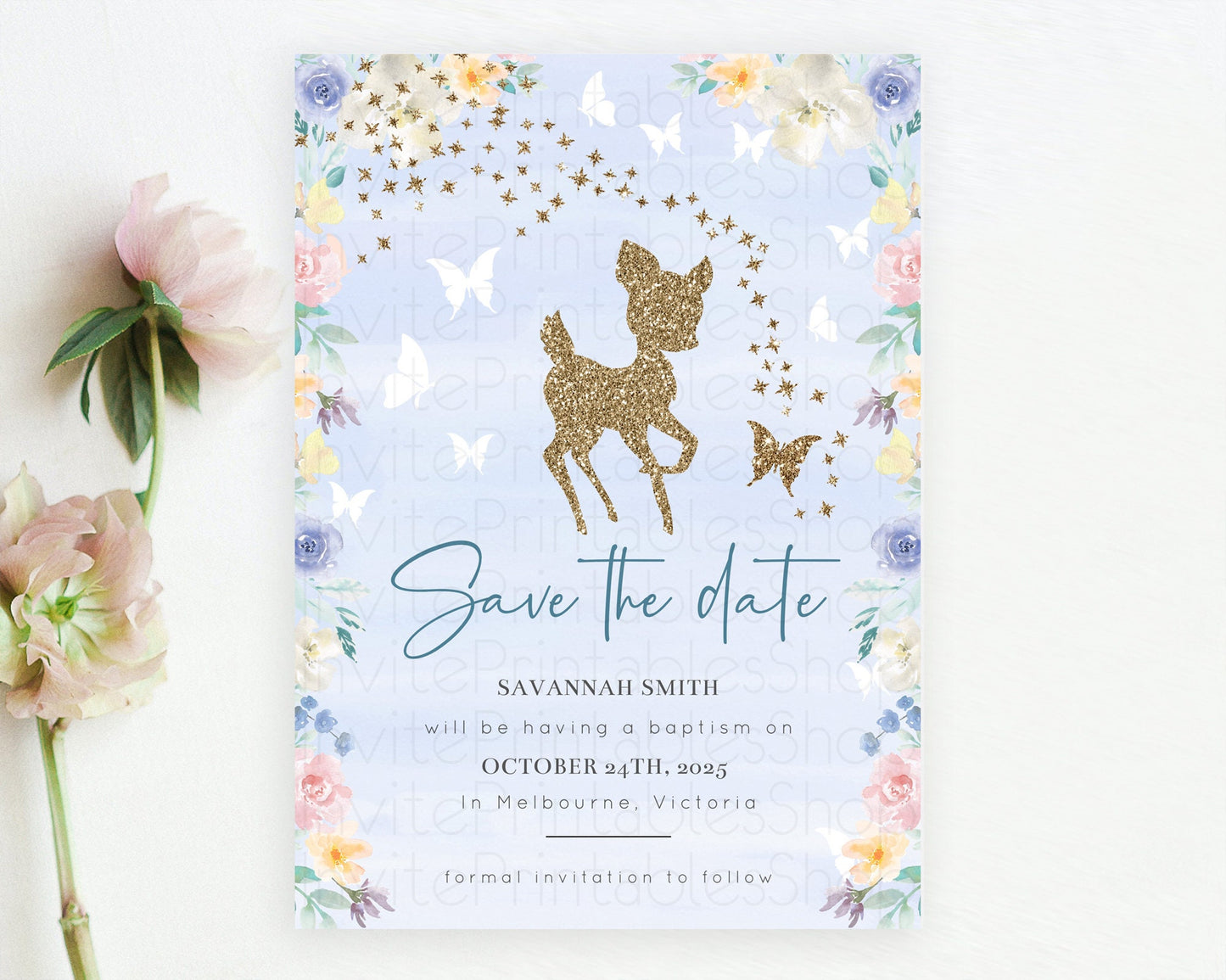 Fawn Deer Save The Date Template Pastel Floral Deer Enchanted Forest Butterfly Party 1st Birthday Baptism Baby Shower Bridal Shower D10879