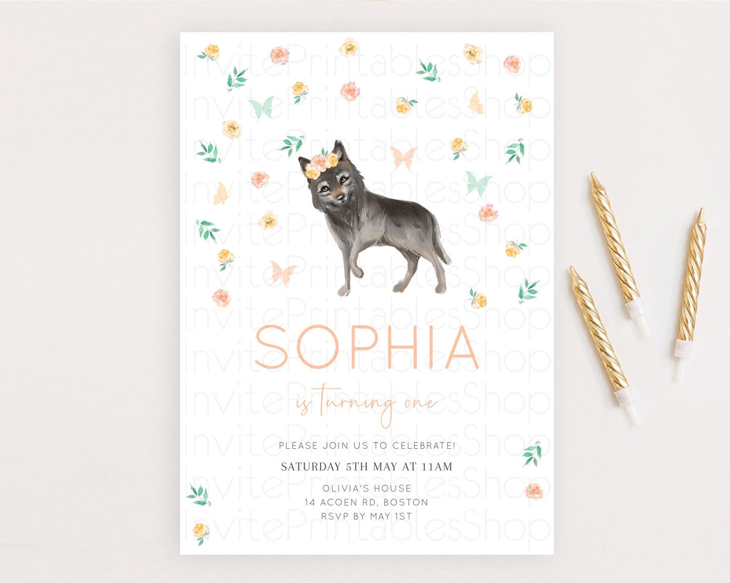 Wolf Birthday Invitation Wolf Invitation Pastel Wolf Birthday Enchanted Forest Woods Wolf Floral Invitation Howling Birthday Party D10362