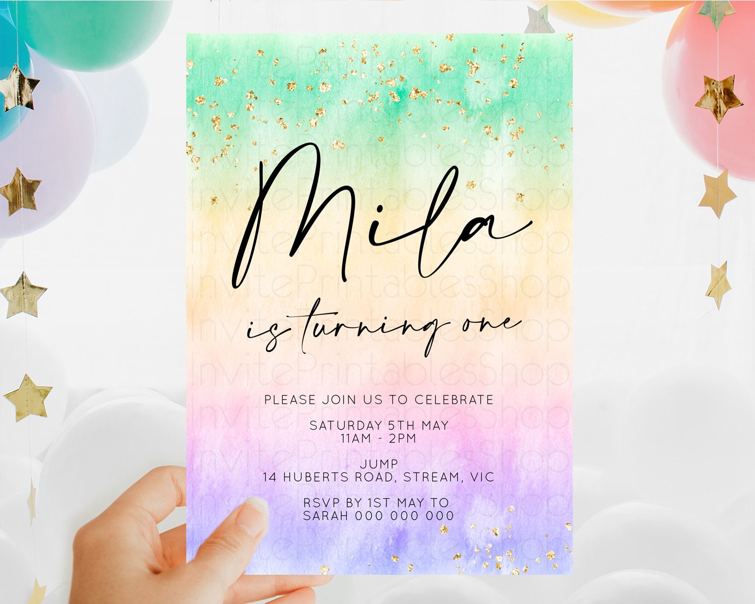 Editable Rainbow Birthday Invitation Colorful Pastel Watercolor Invitation G