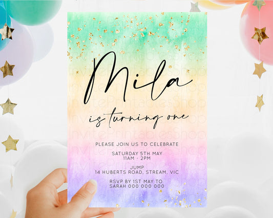 Editable Rainbow Birthday Invitation Colorful Pastel Watercolor Invitation G